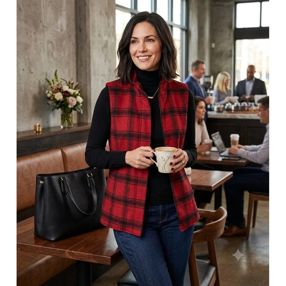 J.‎ Jill Red Buffalo Plaid Wool Blend Quilted Vest Womens Medium NWT